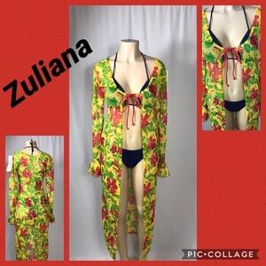 Zuliana Bright Floral Long Ruffle Sleeve Mesh Cover Up Made in USA.New With Tags